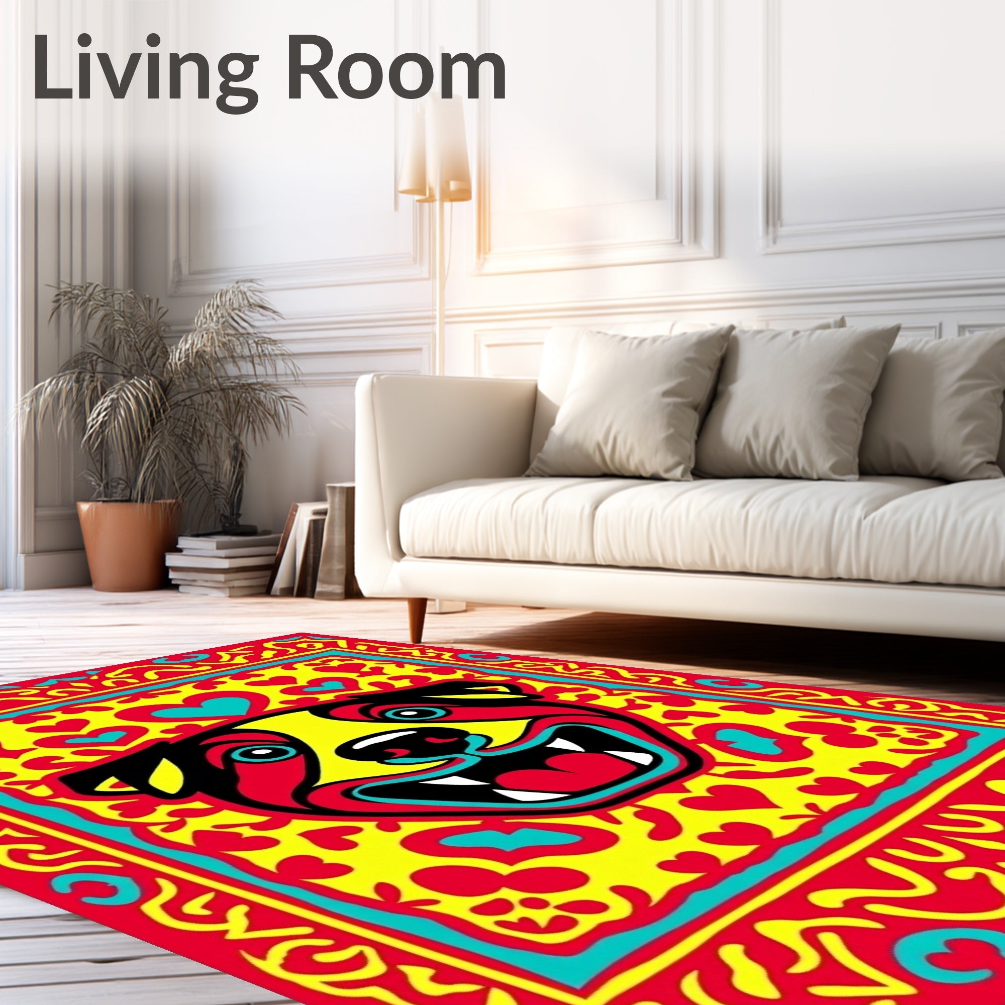 Vibrant Red Yellow Dog Face Hearts Rug