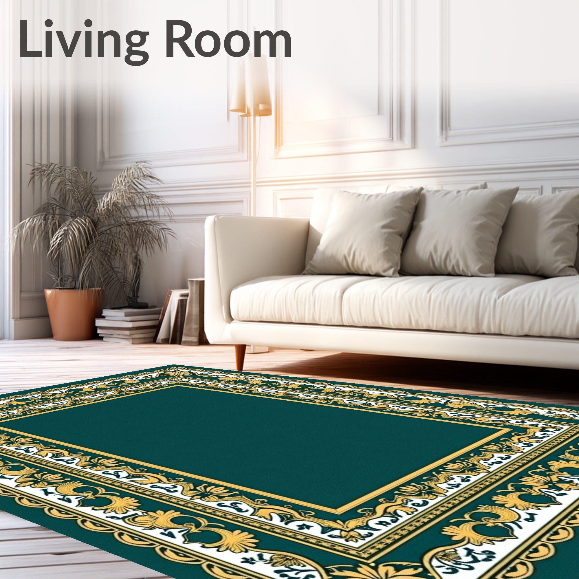 Ornate Emerald Golden Floral Border Rug