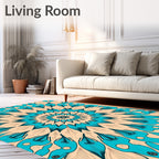 Turquoise Beige Radial Sunburst Medallion Rug