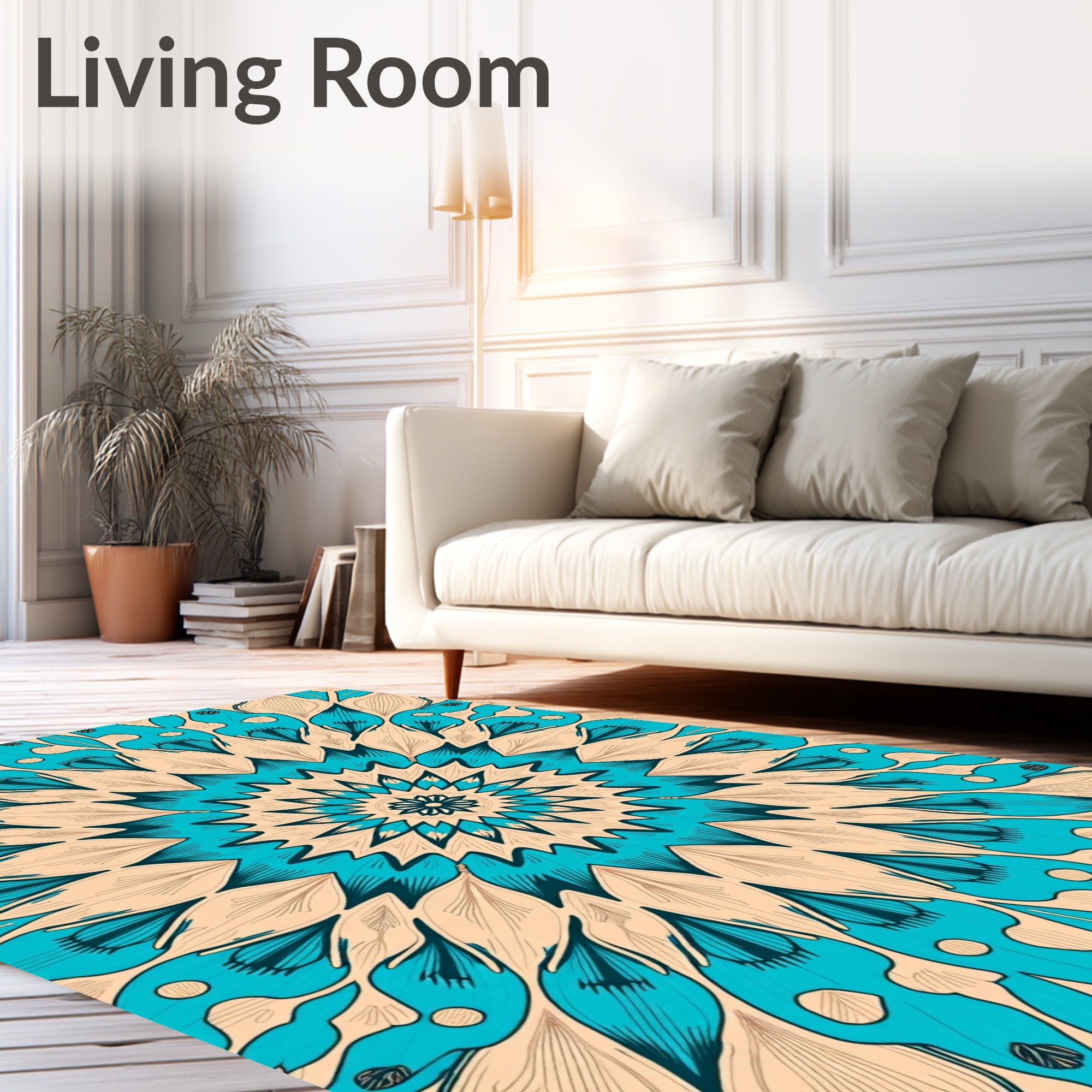 Turquoise Beige Radial Sunburst Medallion Rug