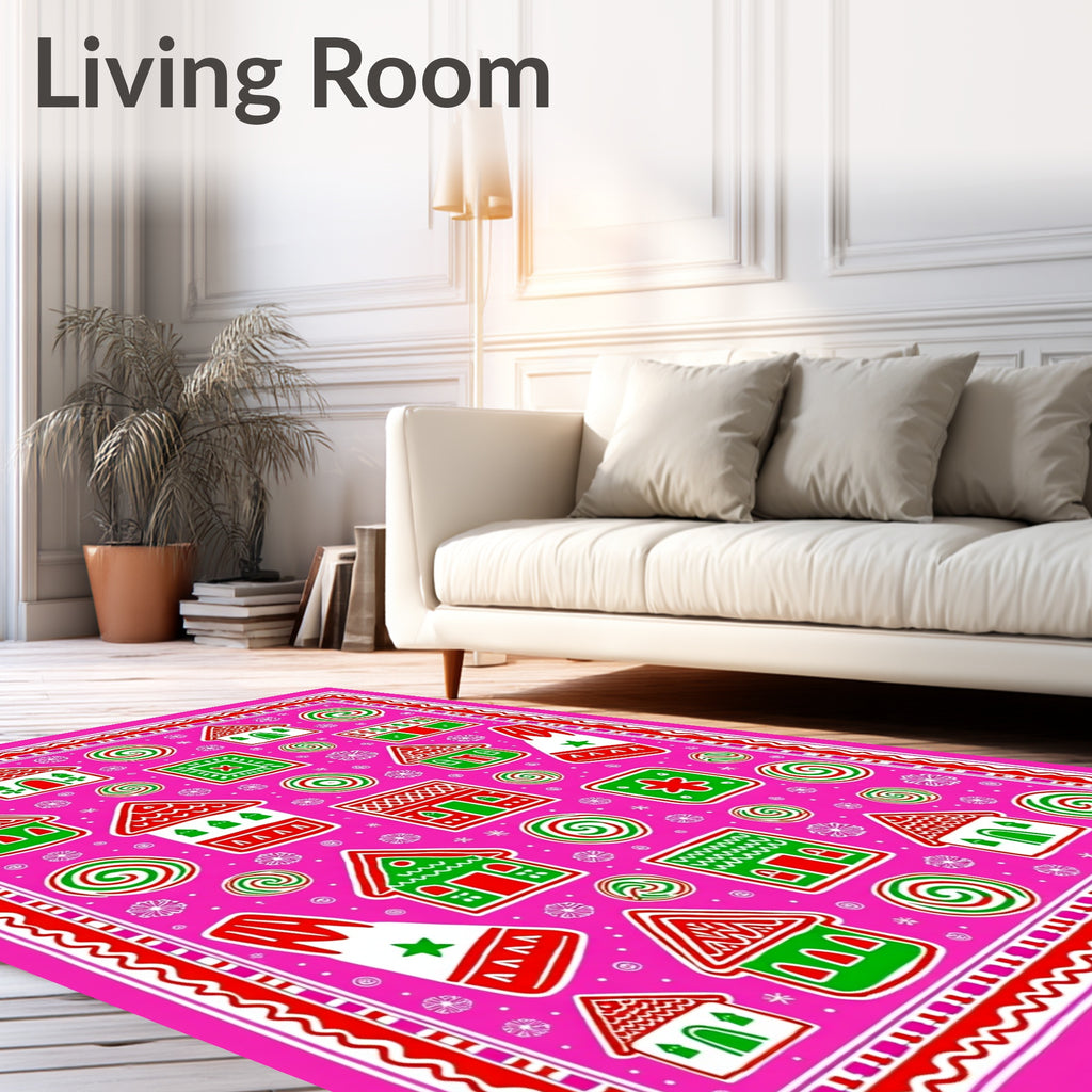Pink Gingerbread Houses Swirls Bordered Rug