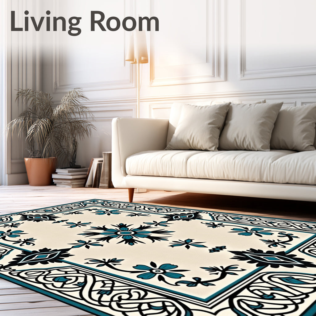 Teal Black Floral Ivory Medallion Rug