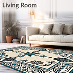 Teal Black Floral Ivory Medallion Rug
