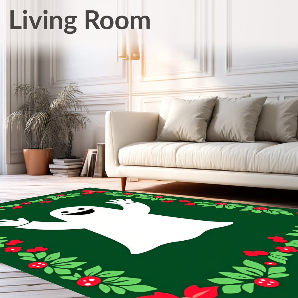 Happy White Ghost Green Holly Border Rug