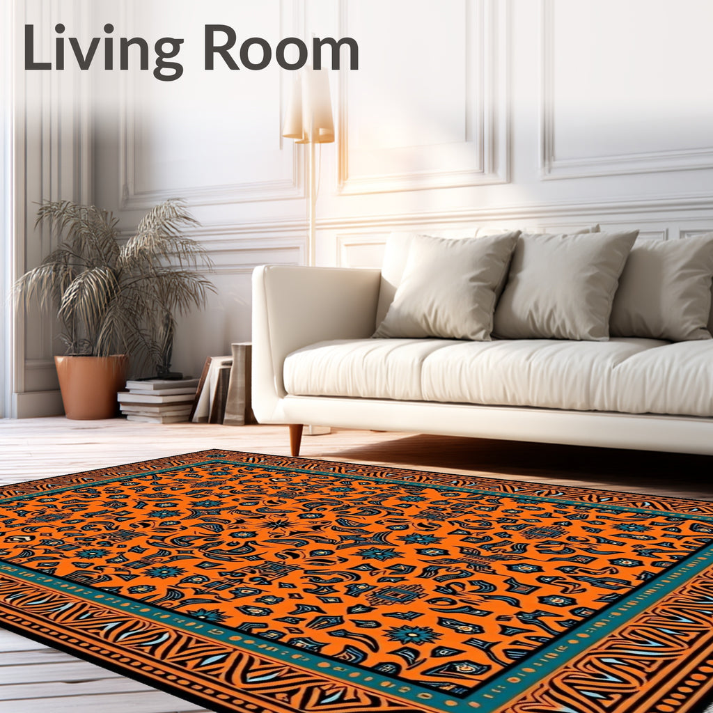 Vibrant Orange Teal Medallion Border Rug