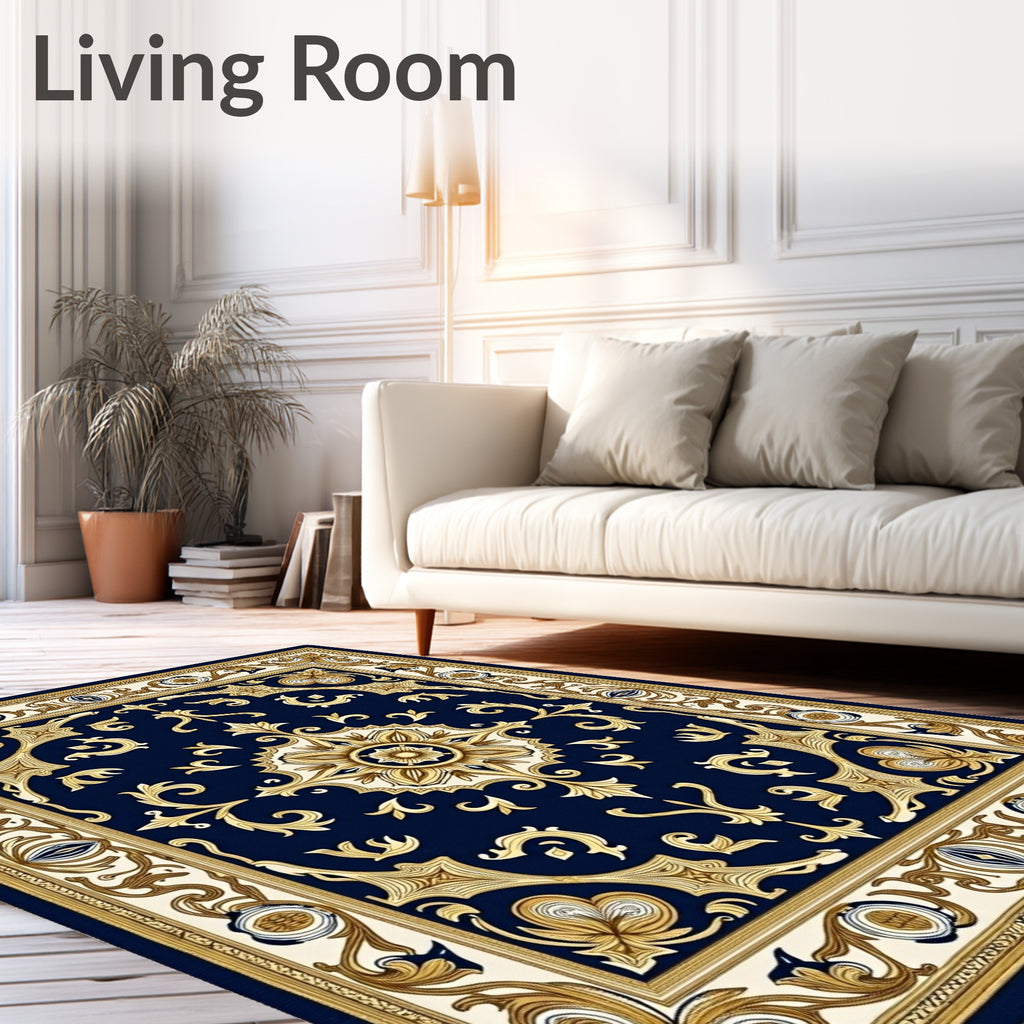 Ornate Navy Gold Medallion Filigree Rug