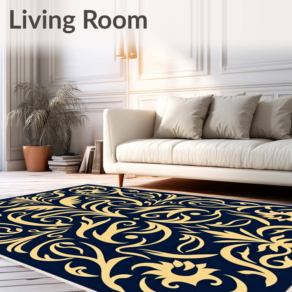 Regal Navy Gold Flourish Abstraction Rug