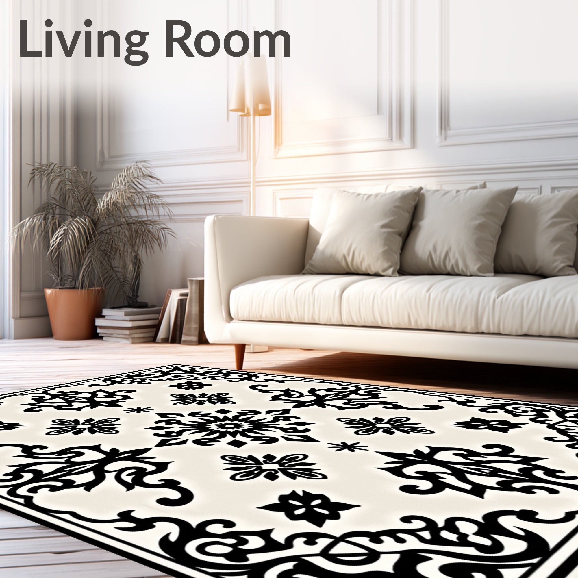 Ornate Black Cream Medallion Swirl Rug