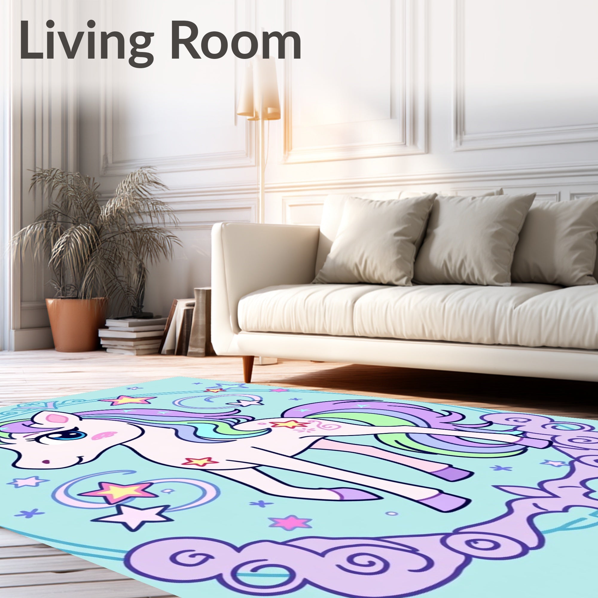 Pastel Rainbow Unicorn Stars Whimsical Rug