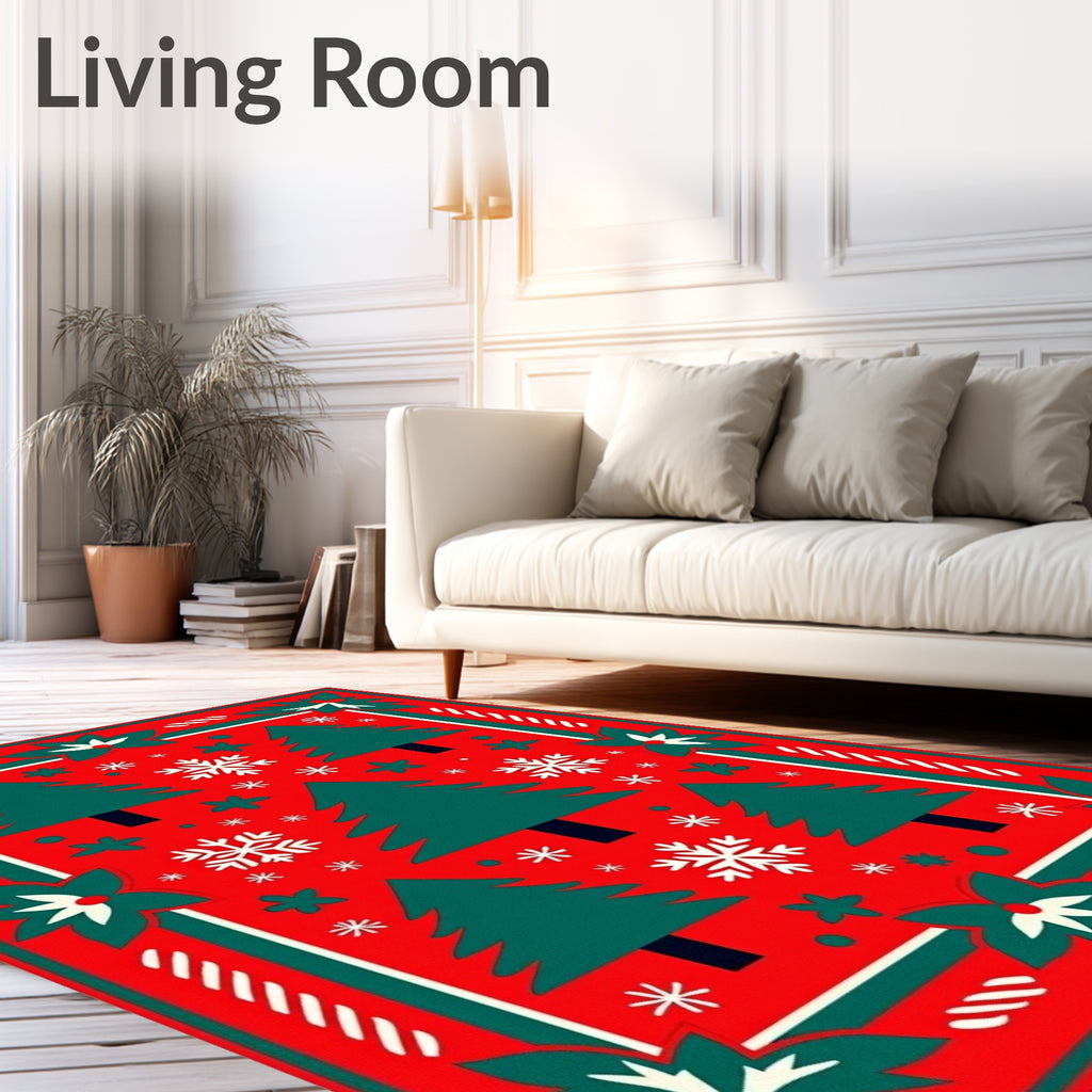 Festive Red Poinsettia Christmas Trees Rug