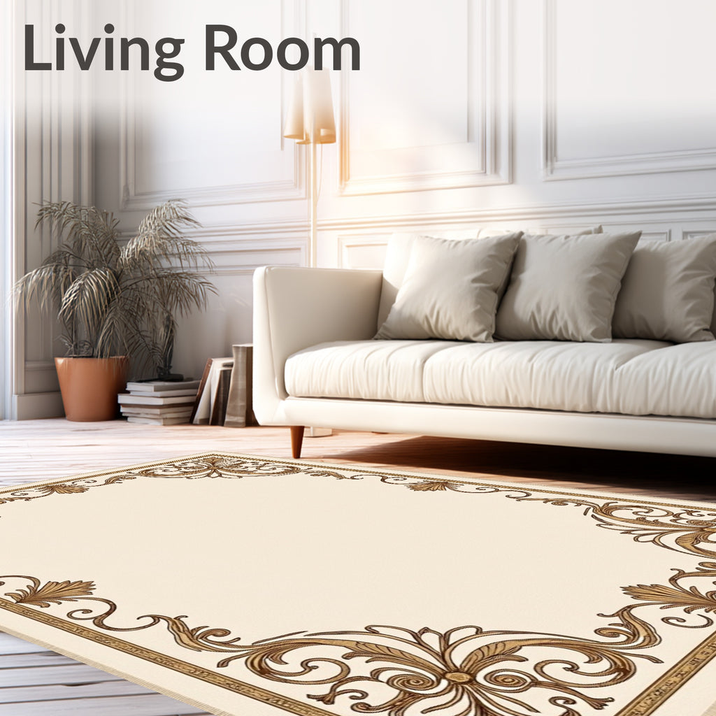 Cream and Gold Acanthus Scroll Border Rug