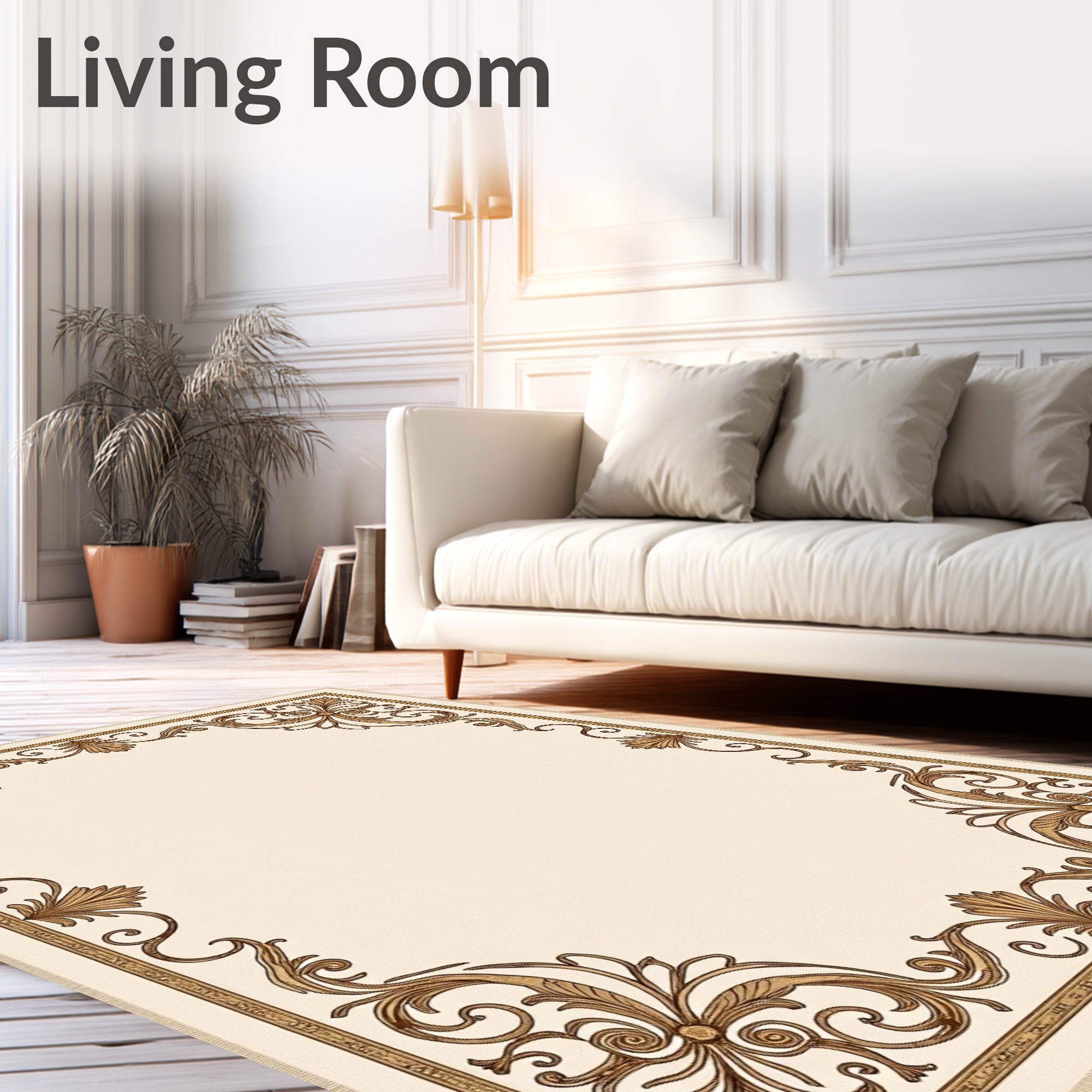 Cream and Gold Acanthus Scroll Border Rug