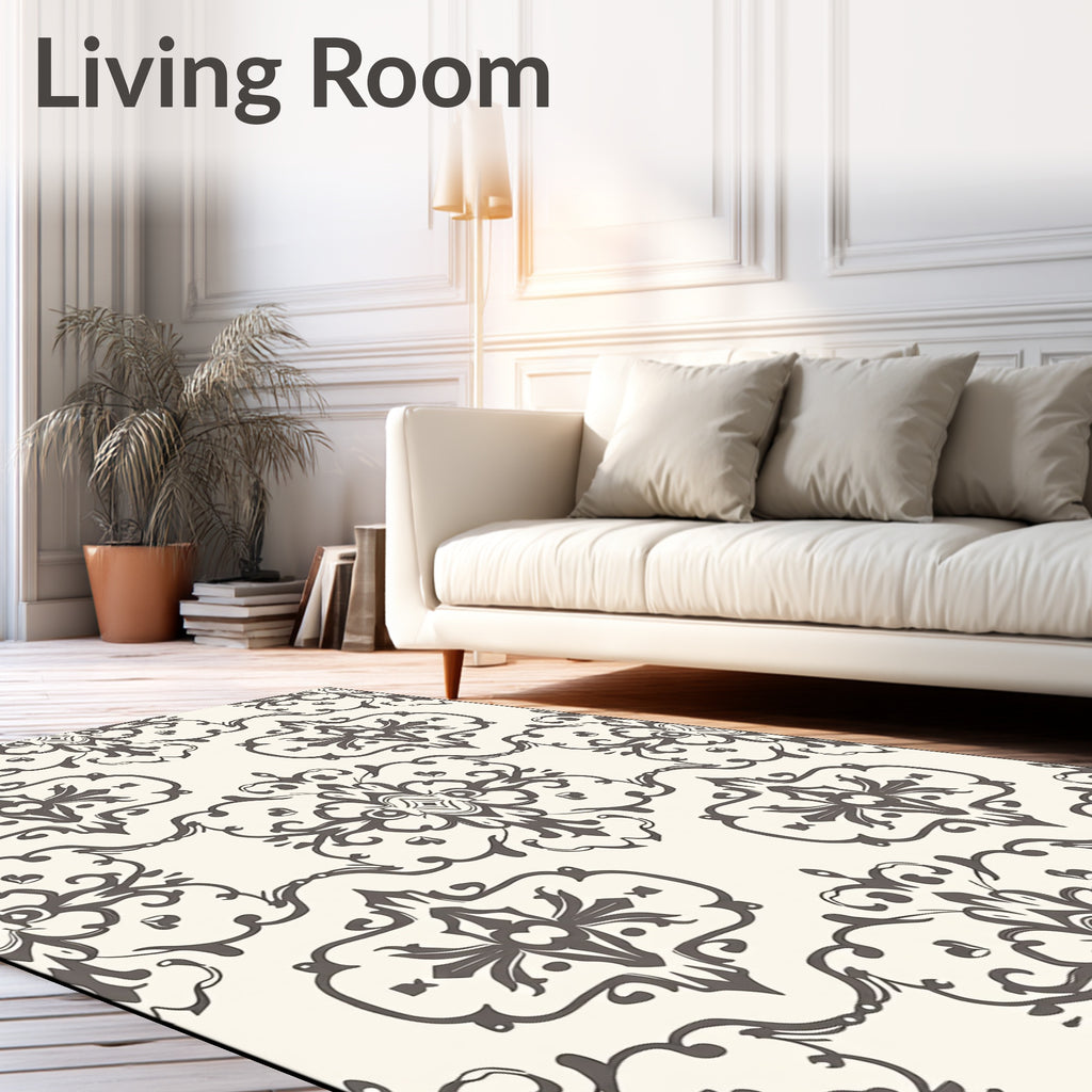 Dark Gray Traditional Damask Scroll Rug