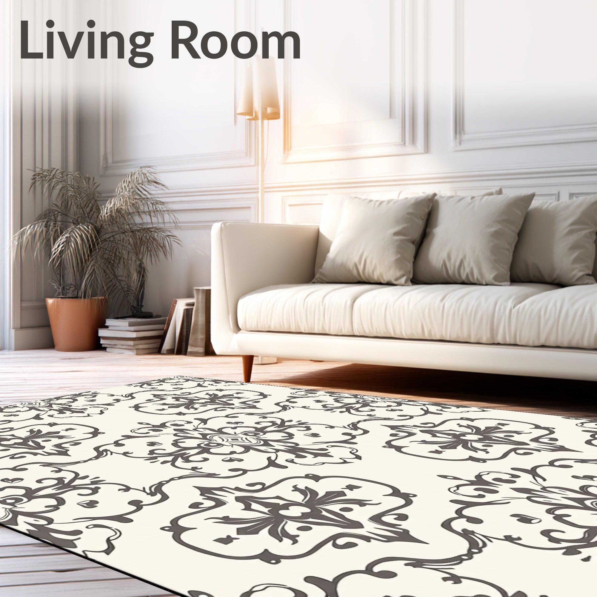 Dark Gray Traditional Damask Scroll Rug