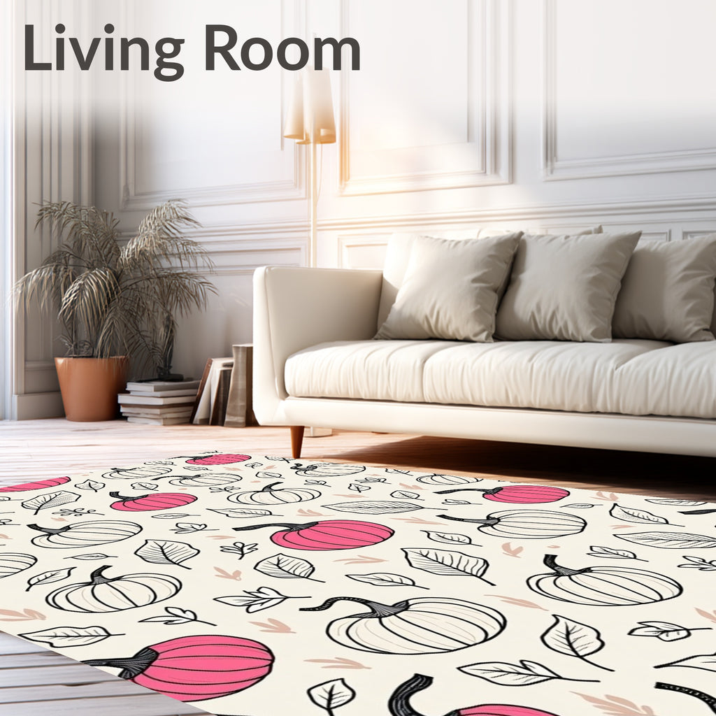 Bold Pink Pumpkin Leafy Fall Motif Rug