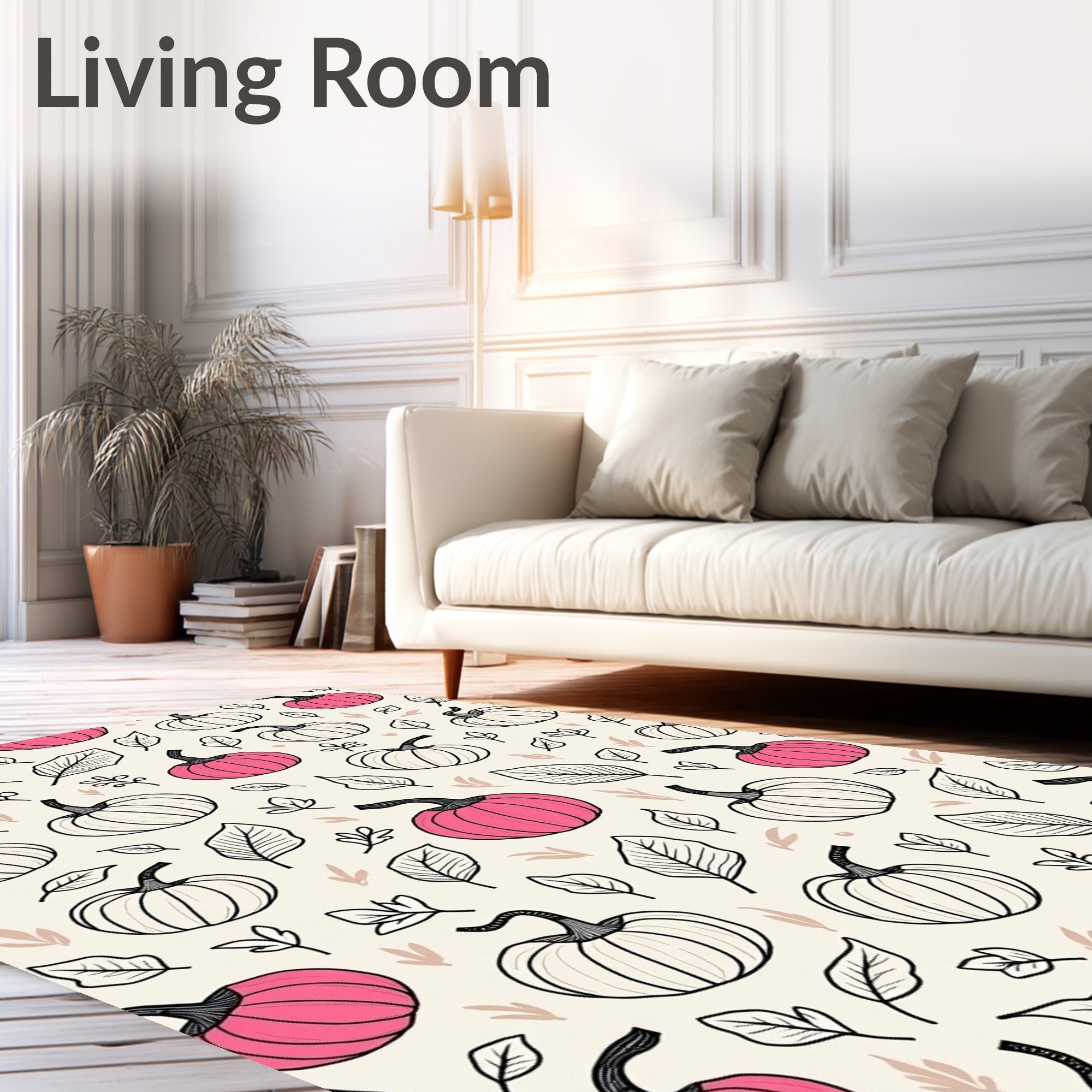 Bold Pink Pumpkin Leafy Fall Motif Rug