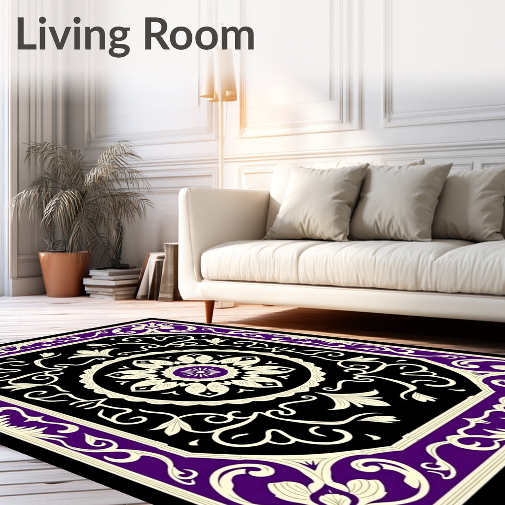 Regal Purple Cream Black Floral Medallion Rug
