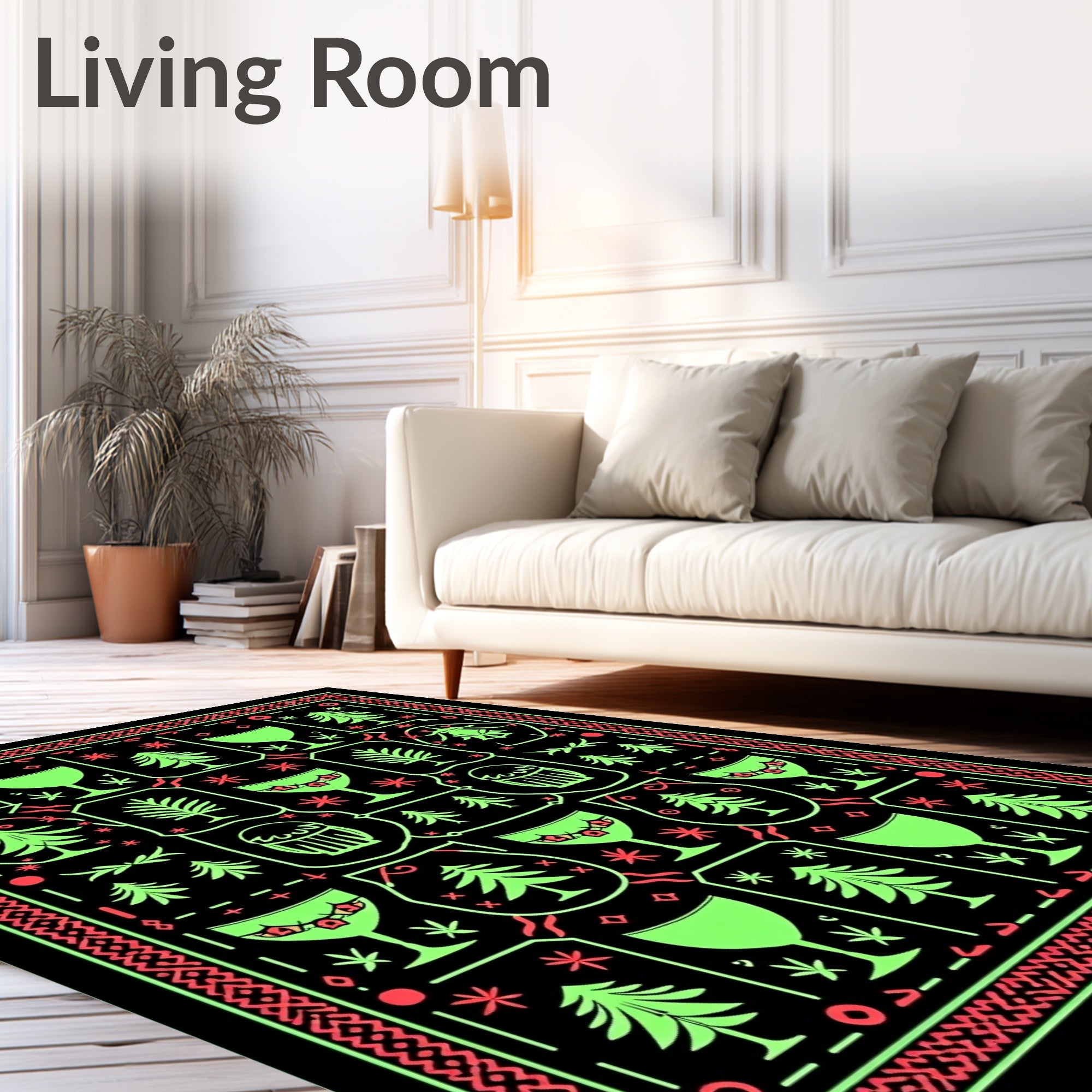 Neon Green Festive Tree and Glass Collage Rug