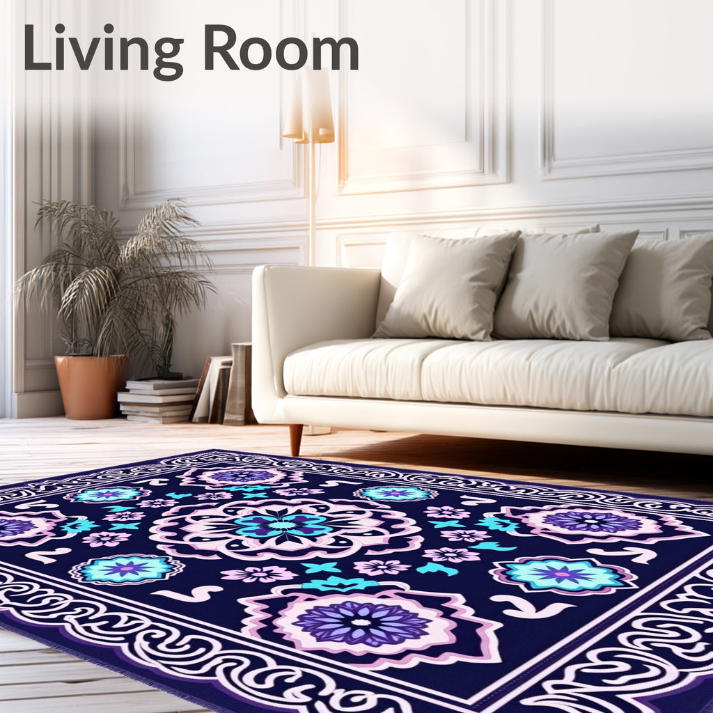 Navy Blue Floral Medallion Bright Color Rug