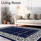 Navy Ivory Intricate Border Geometric Field Rug