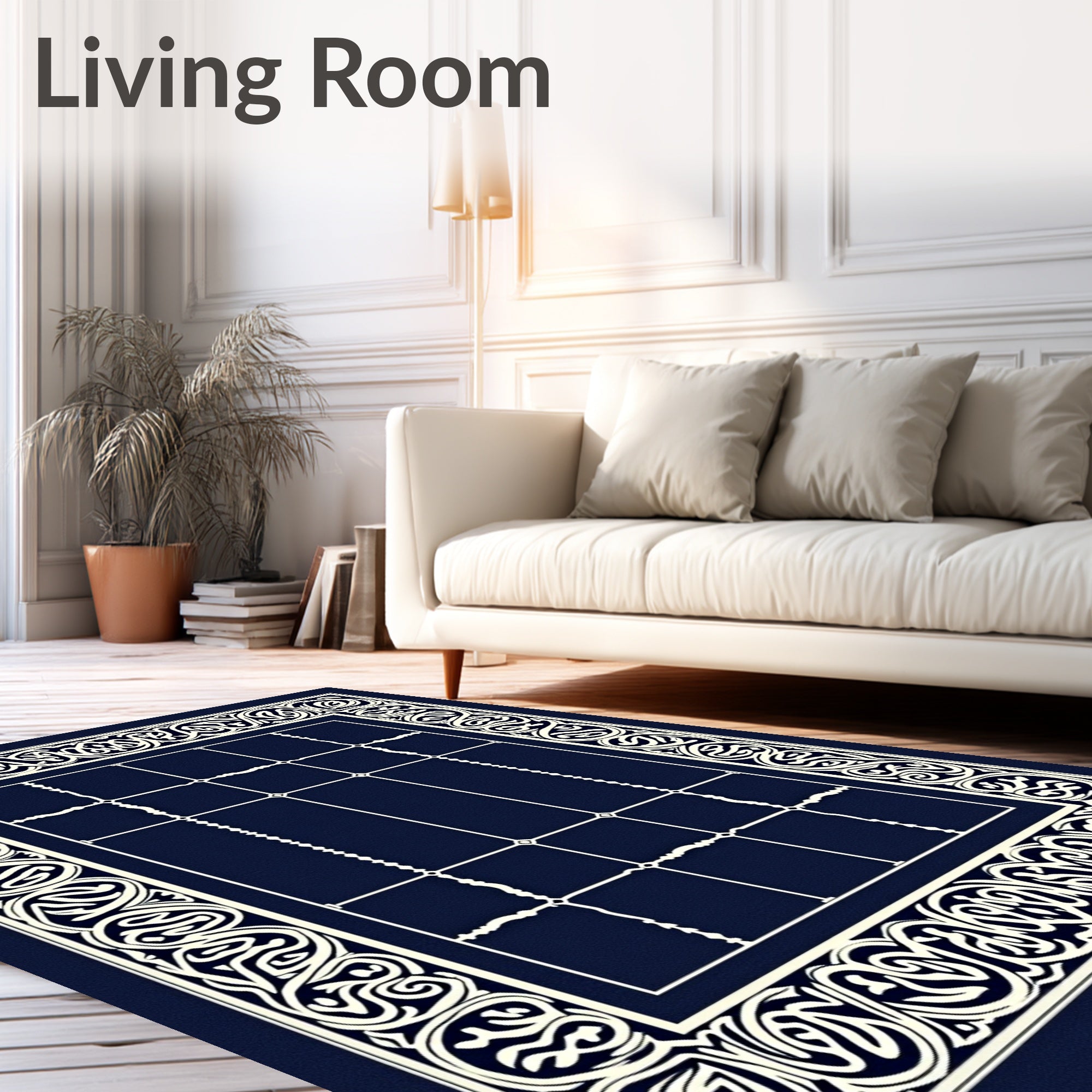 Navy Ivory Intricate Border Geometric Field Rug