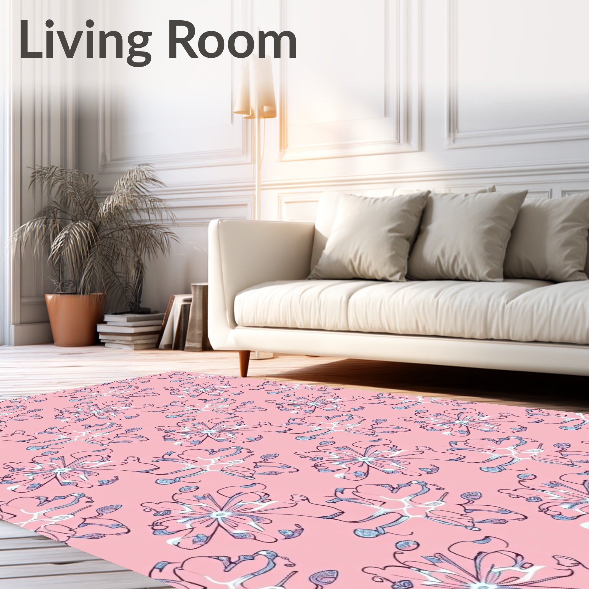 Pink Blue Sketchy Floral Bloom Rug