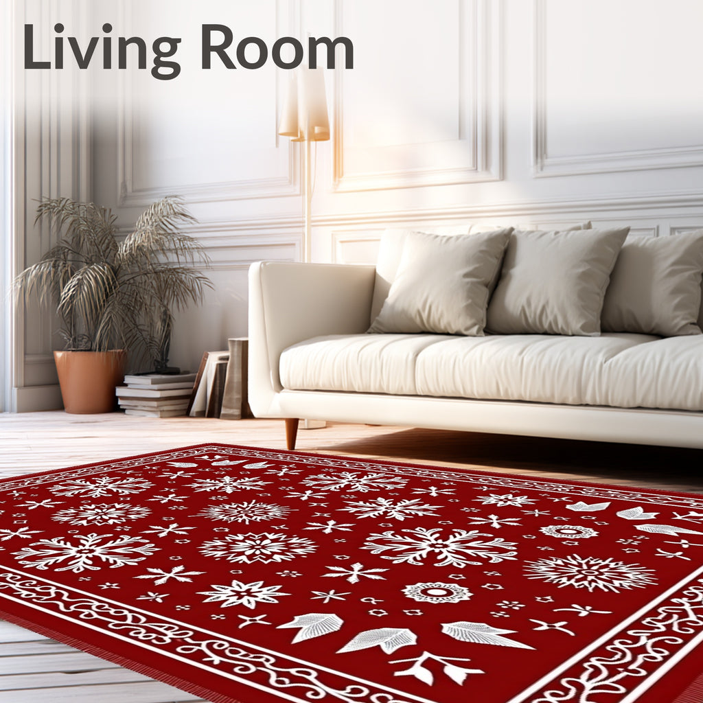 Crimson White Snowflake Mandala Floral Rug
