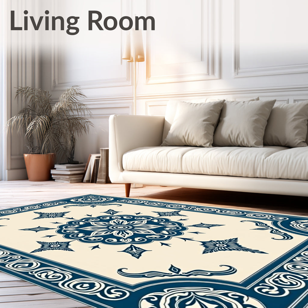 Elegant Navy Cream Medallion Square Rug