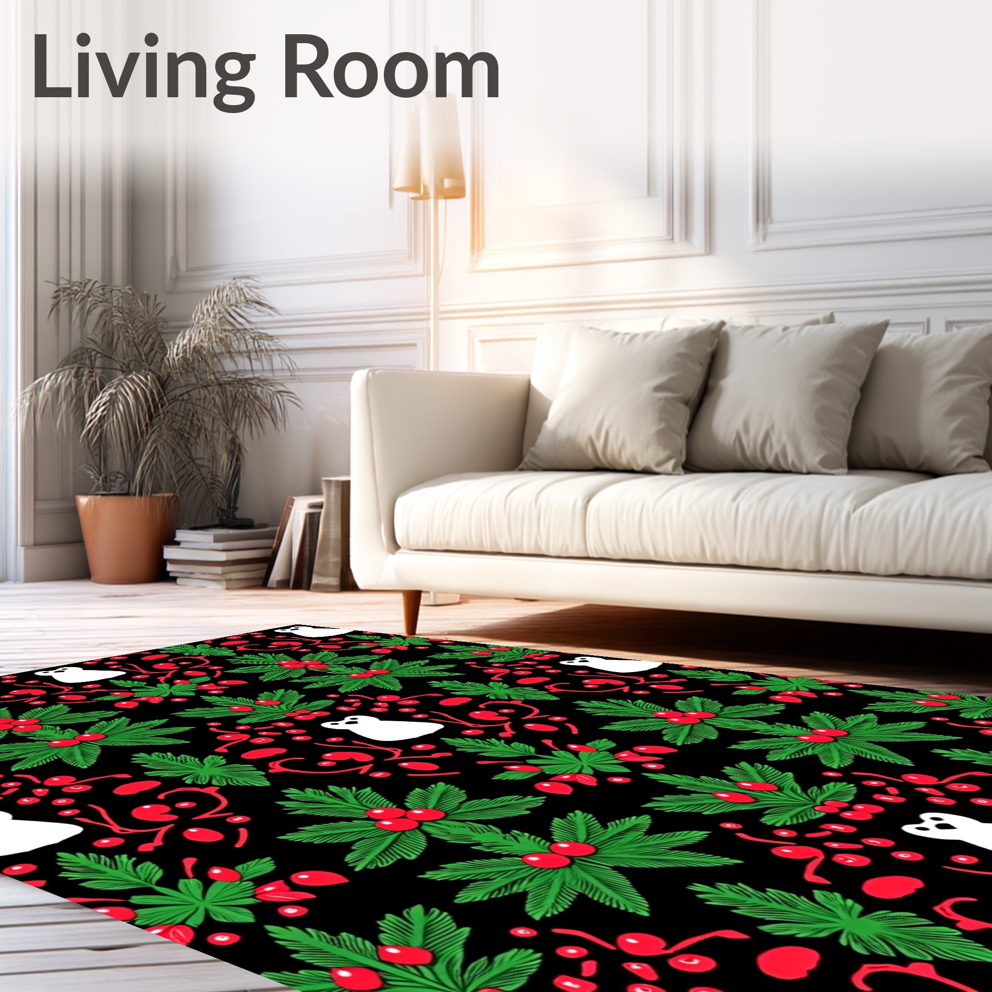 Festive Black White Red Penguin Foliage Rug