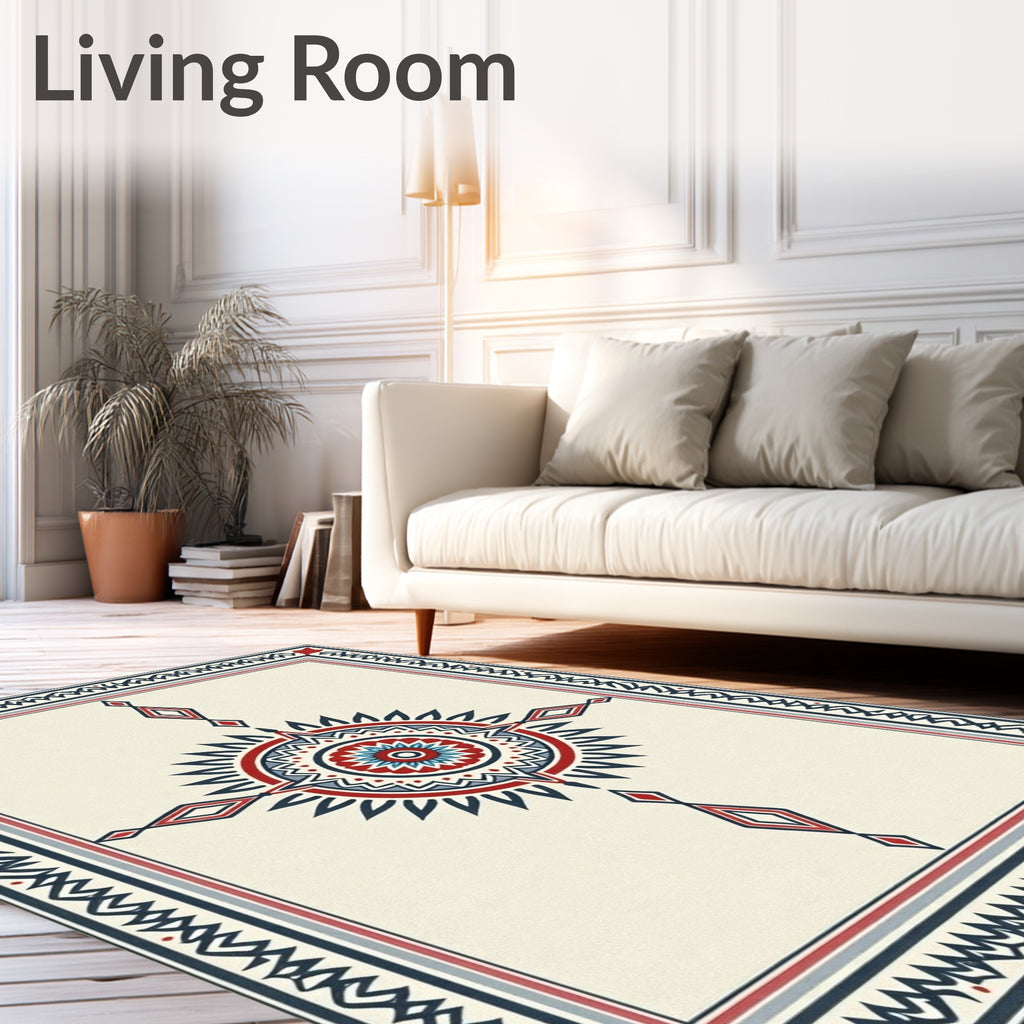 Crimson Blue Sunburst Diamond Border Rug