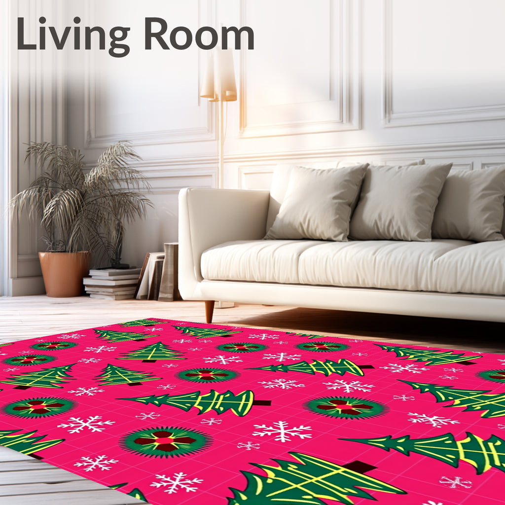 Festive Green Christmas Trees Snowflakes Rug