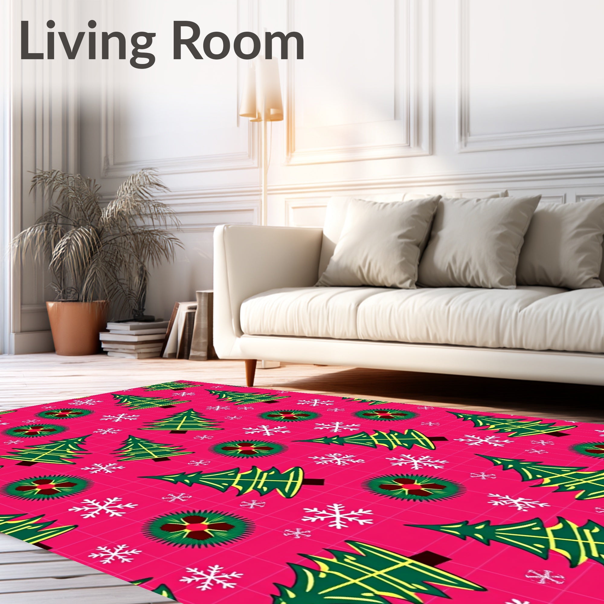 Festive Green Christmas Trees Snowflakes Rug