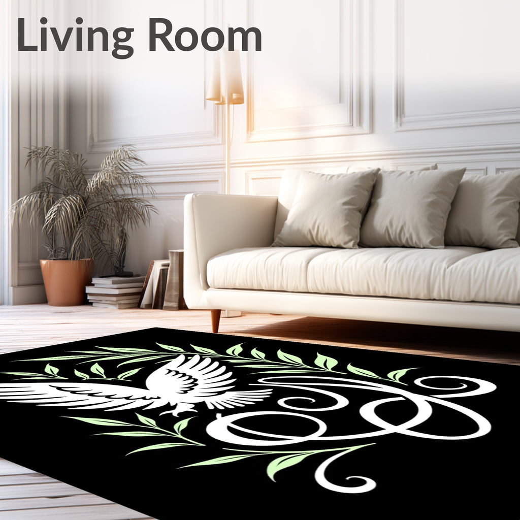 White Eagle Green Foliage Calligraphy Rug