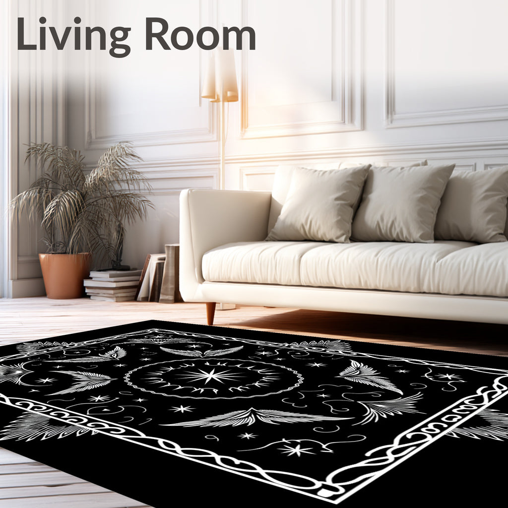 Ornate White Starburst Winged Mandala Rug