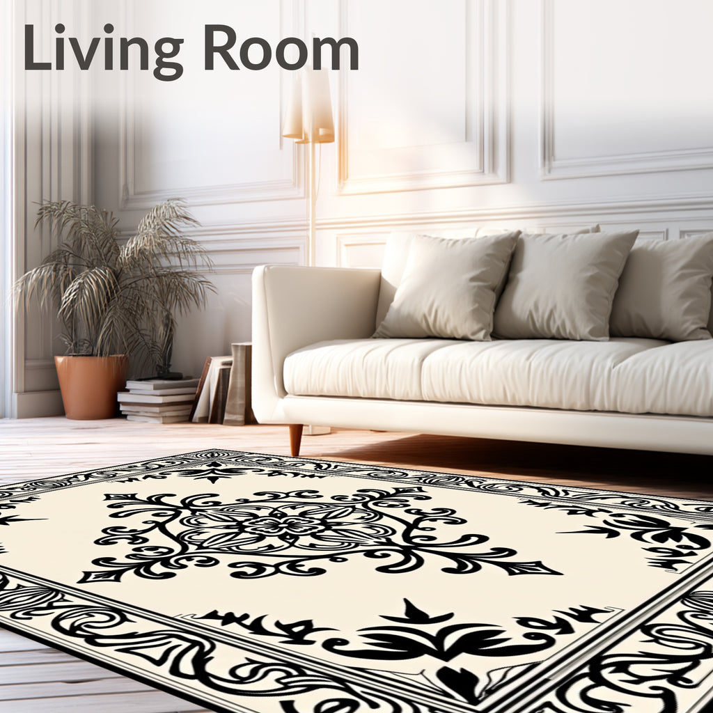 Black Ivroy Ornamental Frame Medallion Rug