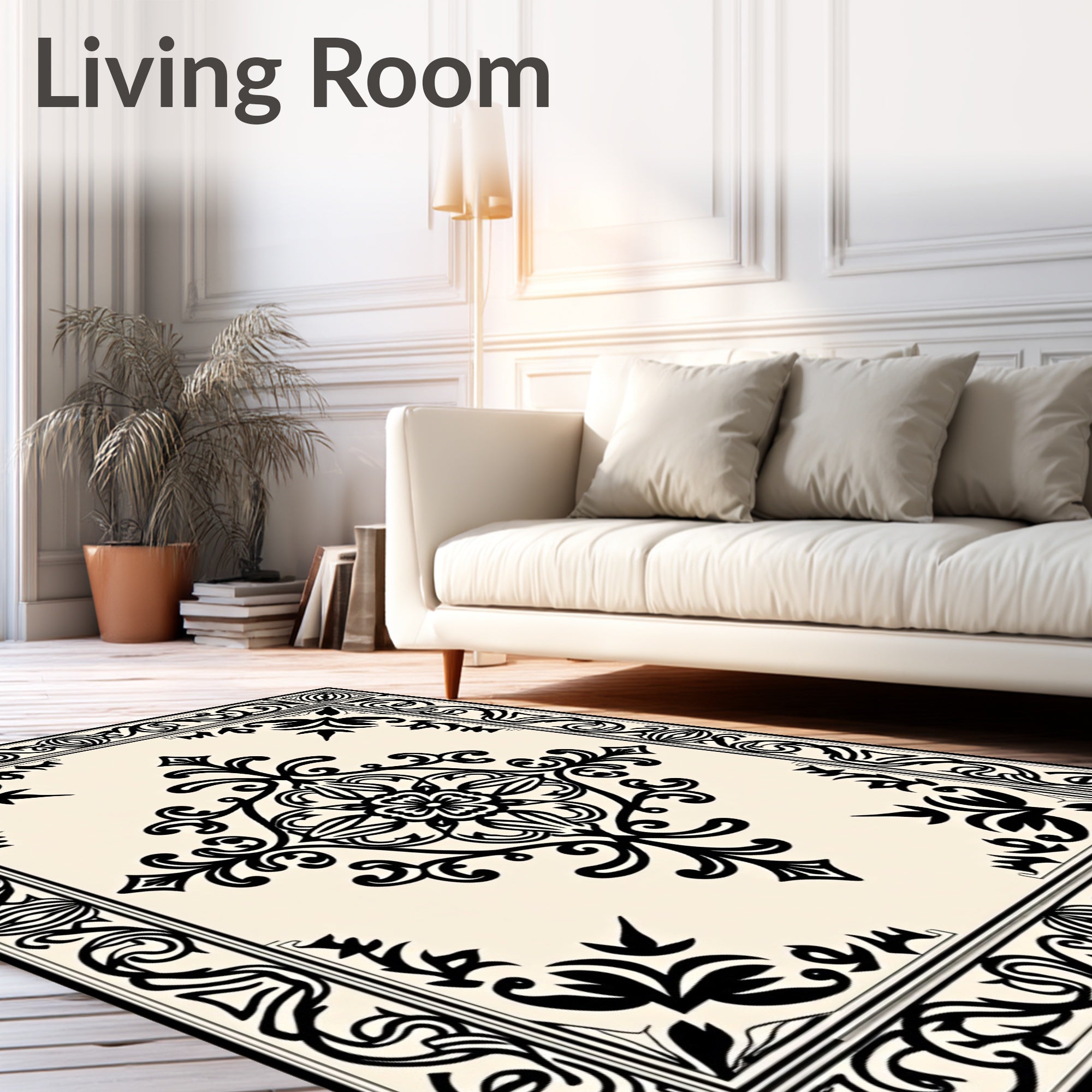 Black Ivroy Ornamental Frame Medallion Rug