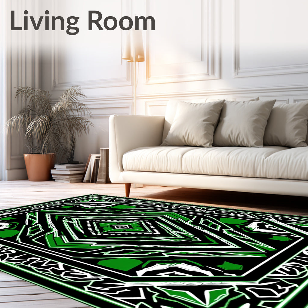 Dynamic Green and Black Geometric Diamond Rug