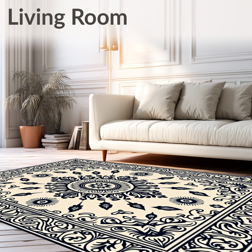 Cream and Navy Ornamental Floral Medallion Rug