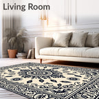 Cream and Navy Ornamental Floral Medallion Rug