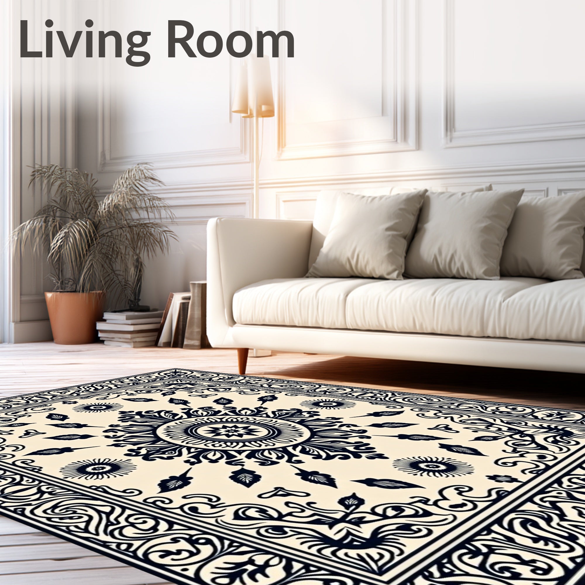 Cream and Navy Ornamental Floral Medallion Rug