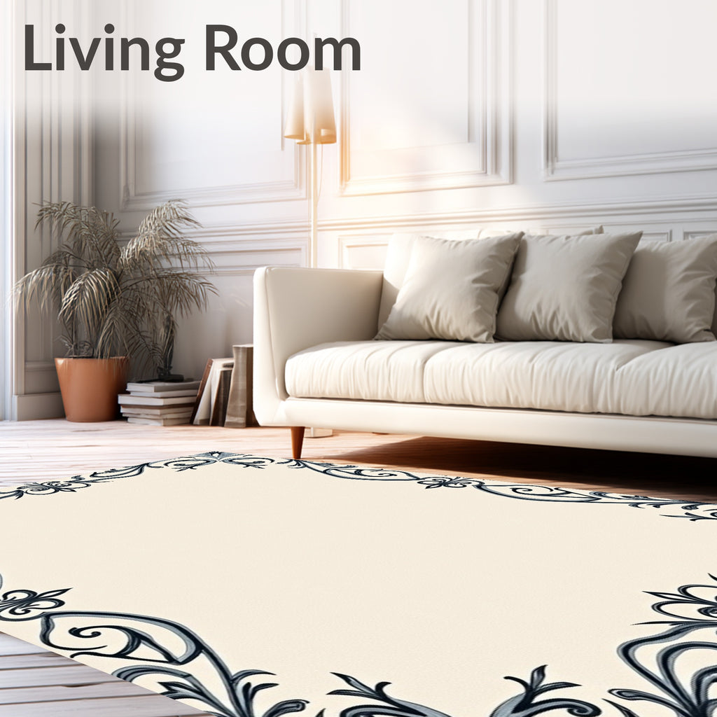 Ornate Scrollwork Ivory Black Border Rug