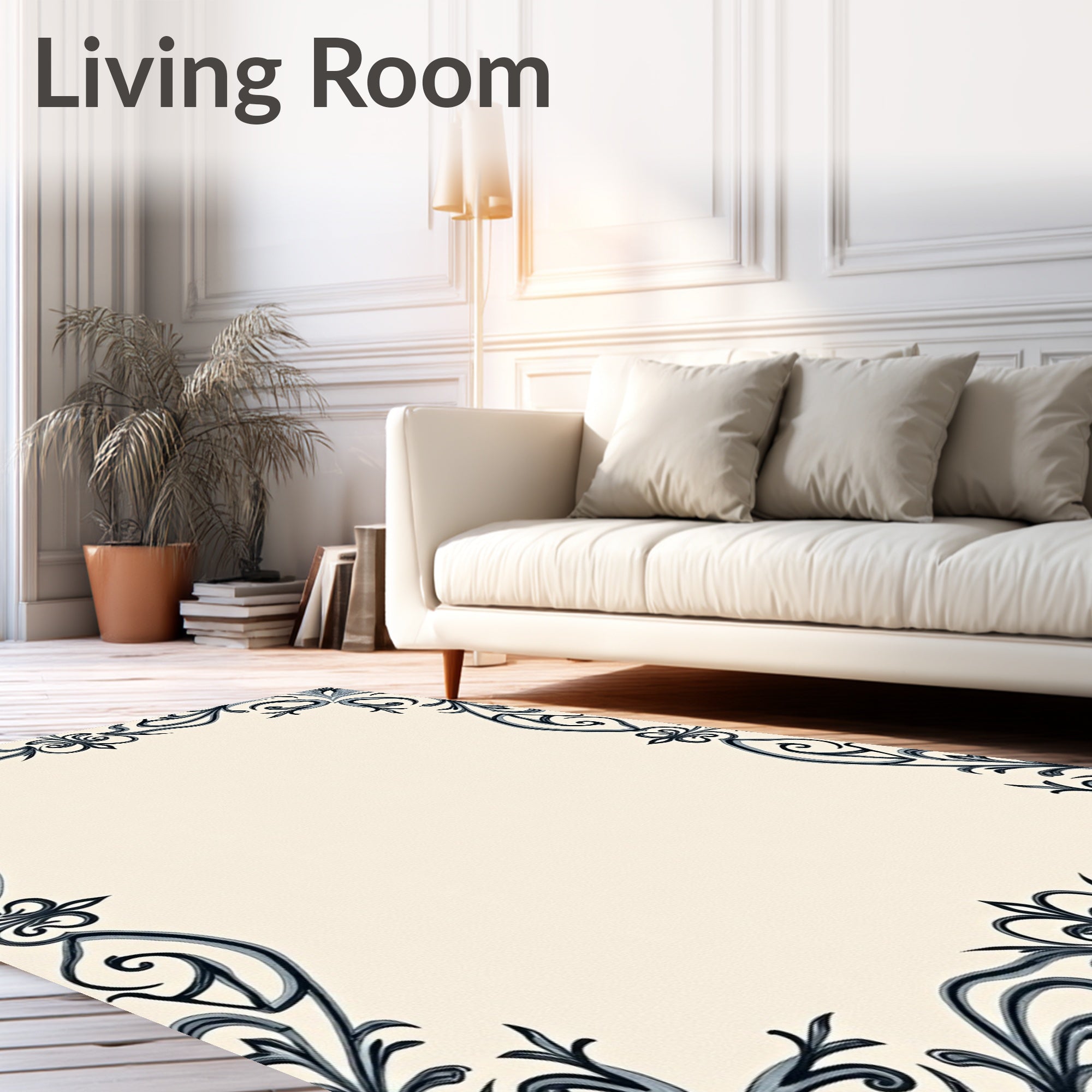 Ornate Scrollwork Ivory Black Border Rug