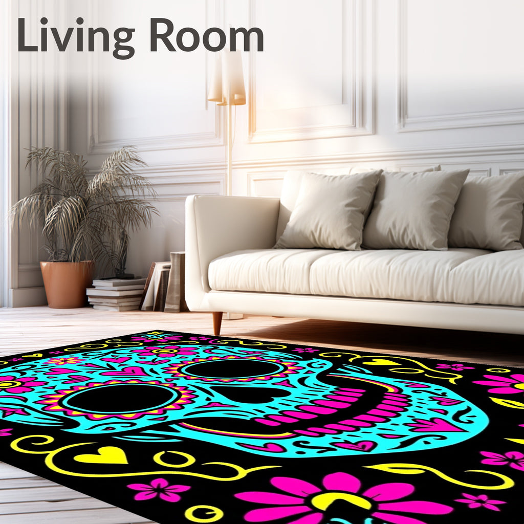 Vibrant Teal Sugar Skull Floral Rug