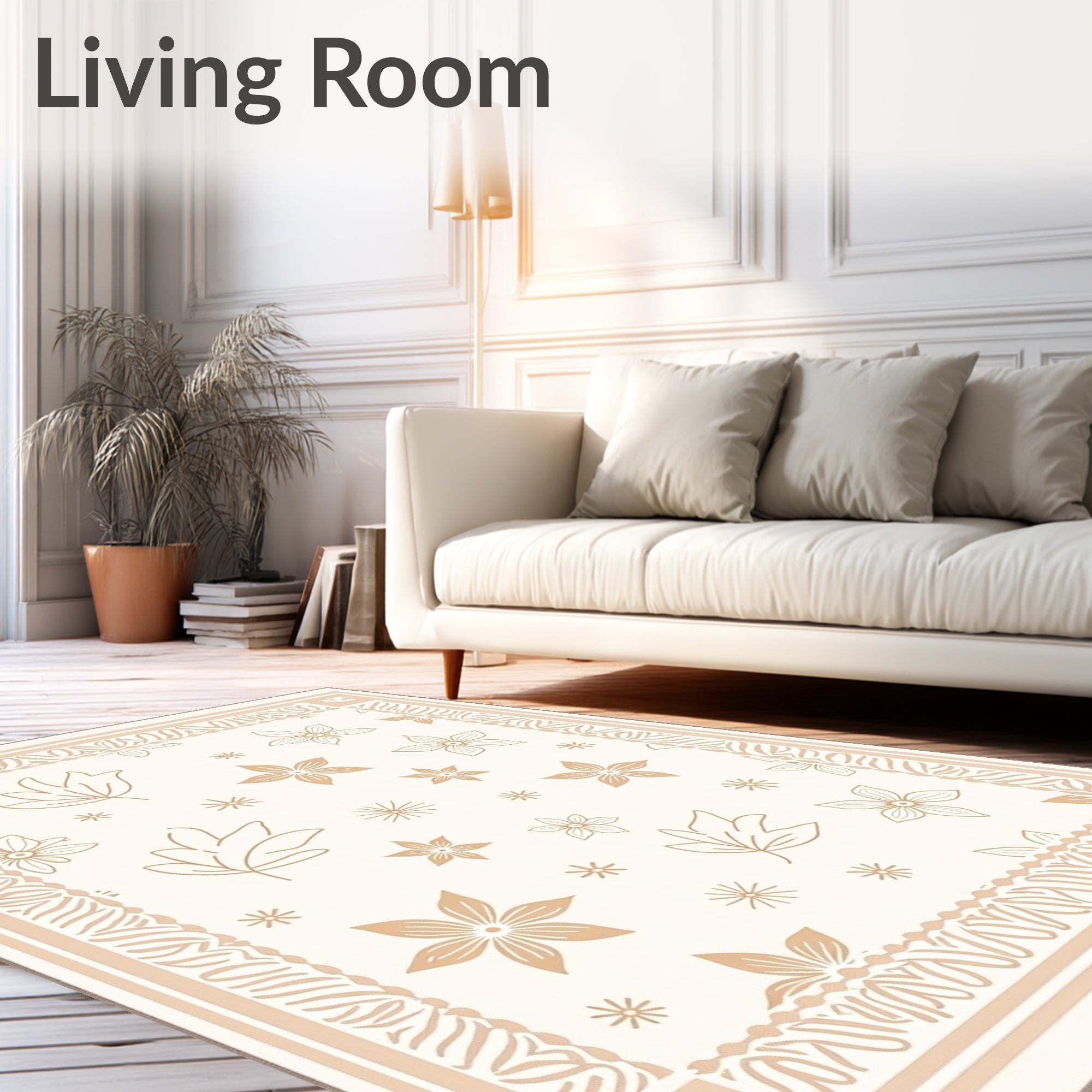 Cream and Tan Floral Botanical Medallion Rug