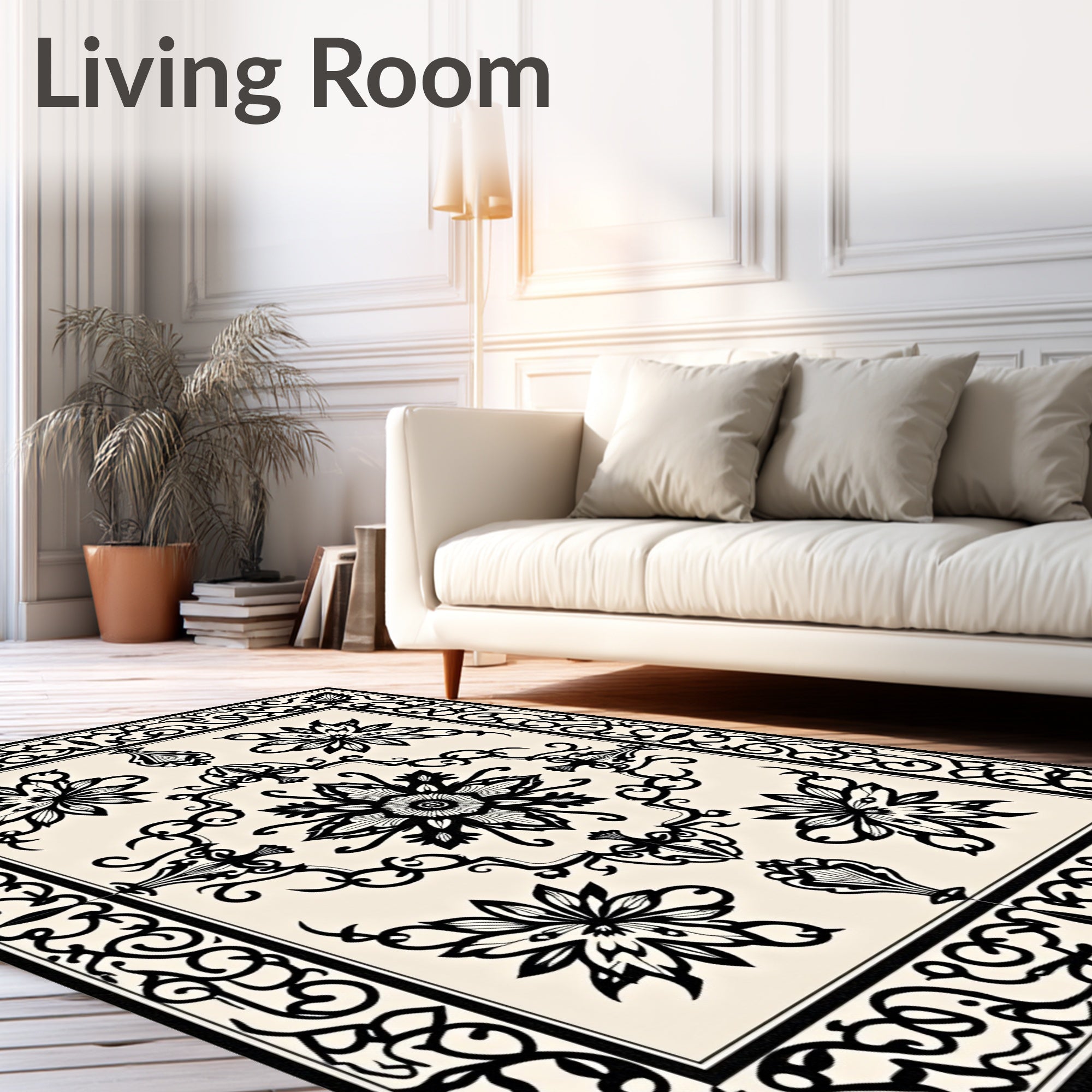 Cream Black Floral Arabesque Rug