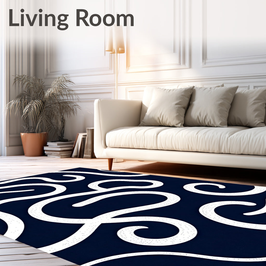 Navy White Swirling Abstract Flow Rug