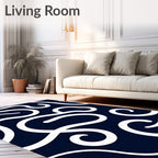 Navy White Swirling Abstract Flow Rug
