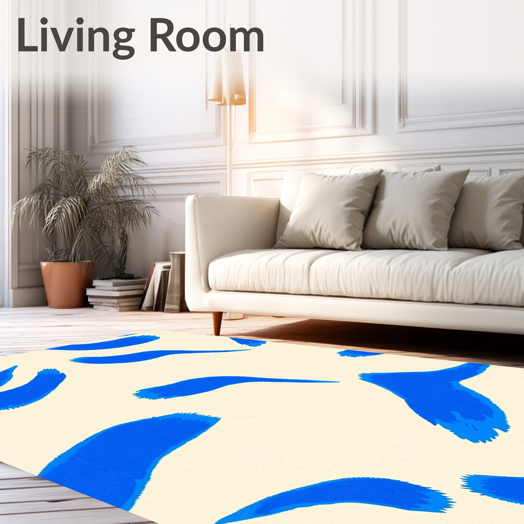 Abstract Blue Brush Strokes Cream Rug