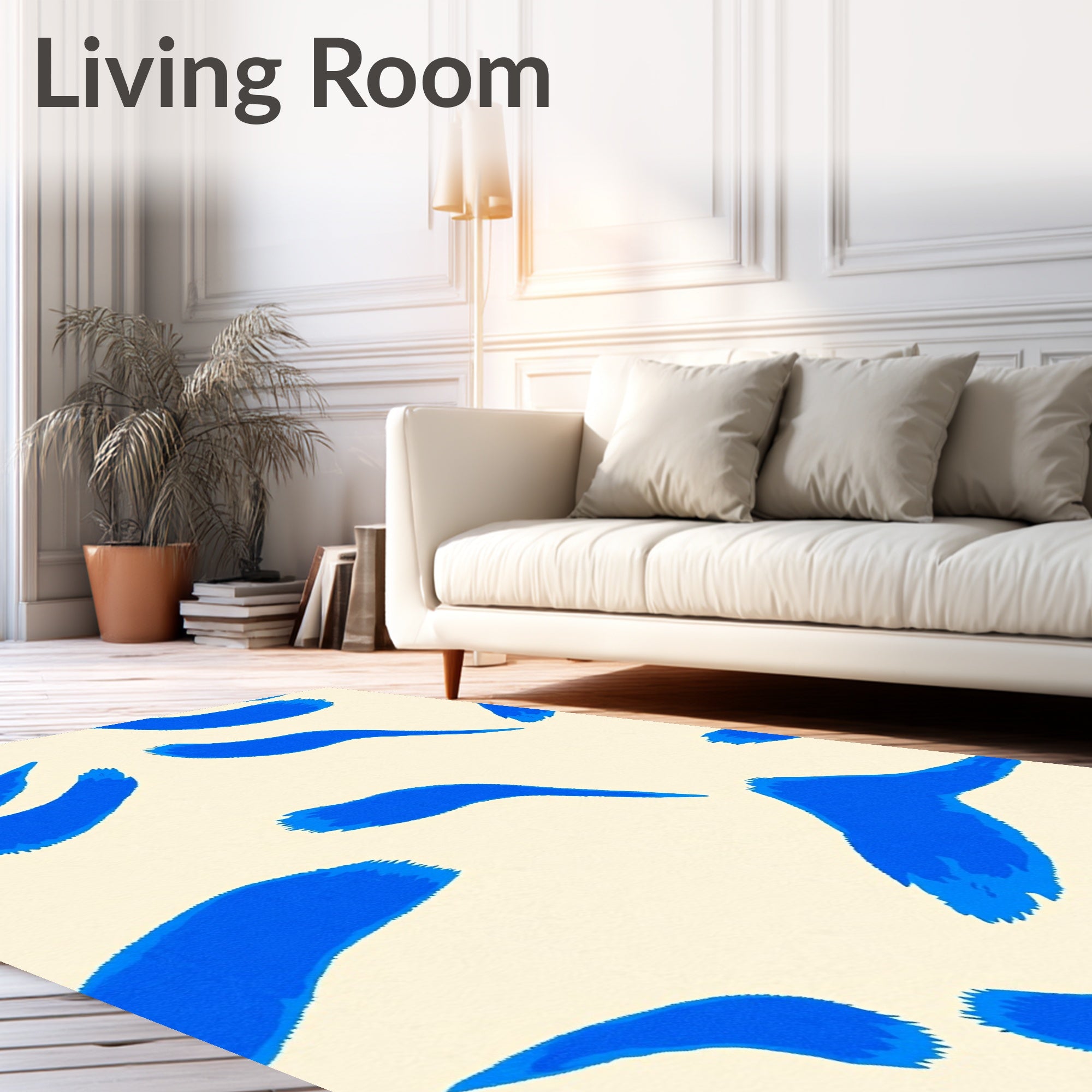 Abstract Blue Brush Strokes Cream Rug