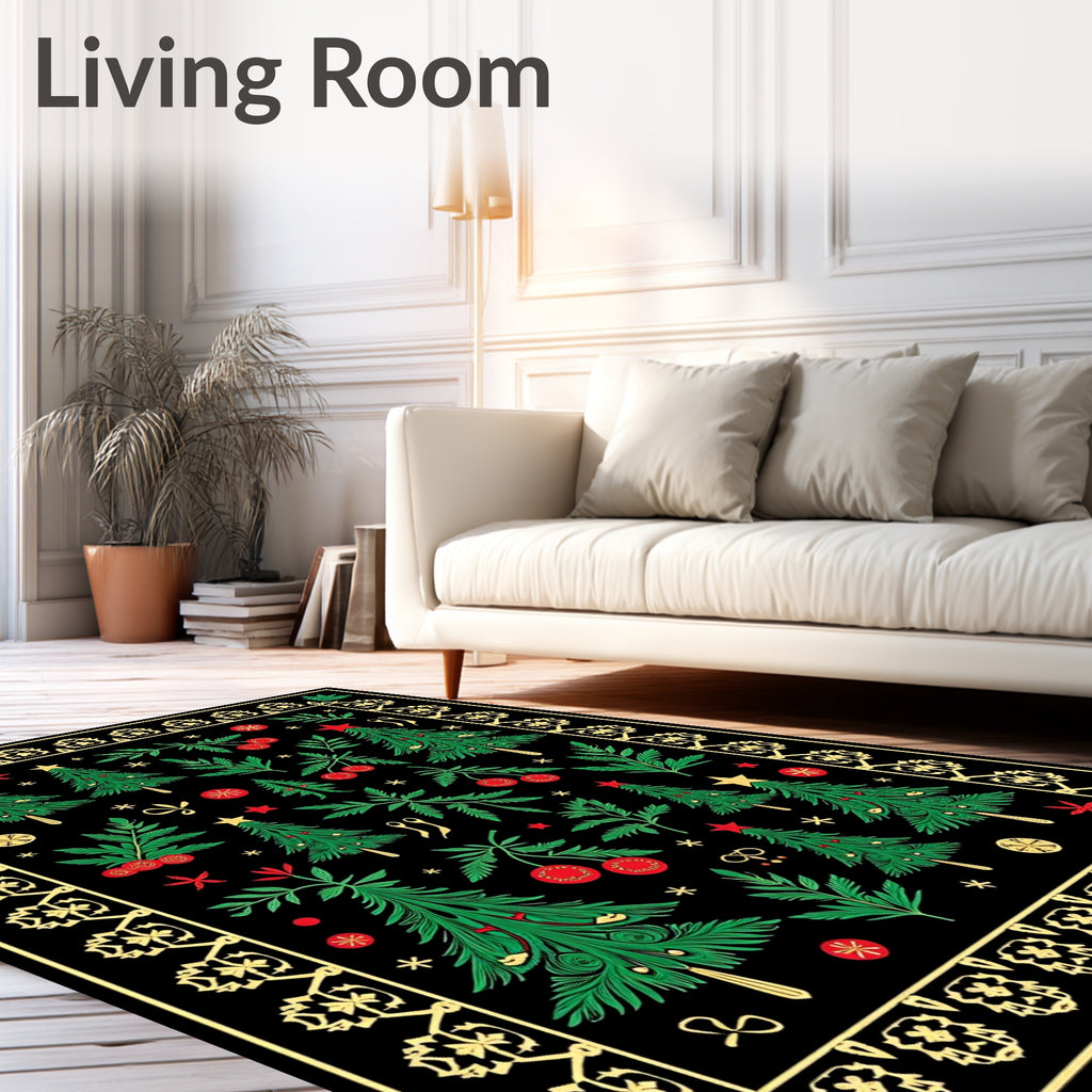 Green Christmas Trees Red Berries Border Rug